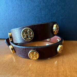 Tory Burch brown and gold leather wrap bracelet